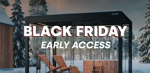 Modern outdoor cabin in a snowy landscape with 'Black Friday Early Access' text overlay.