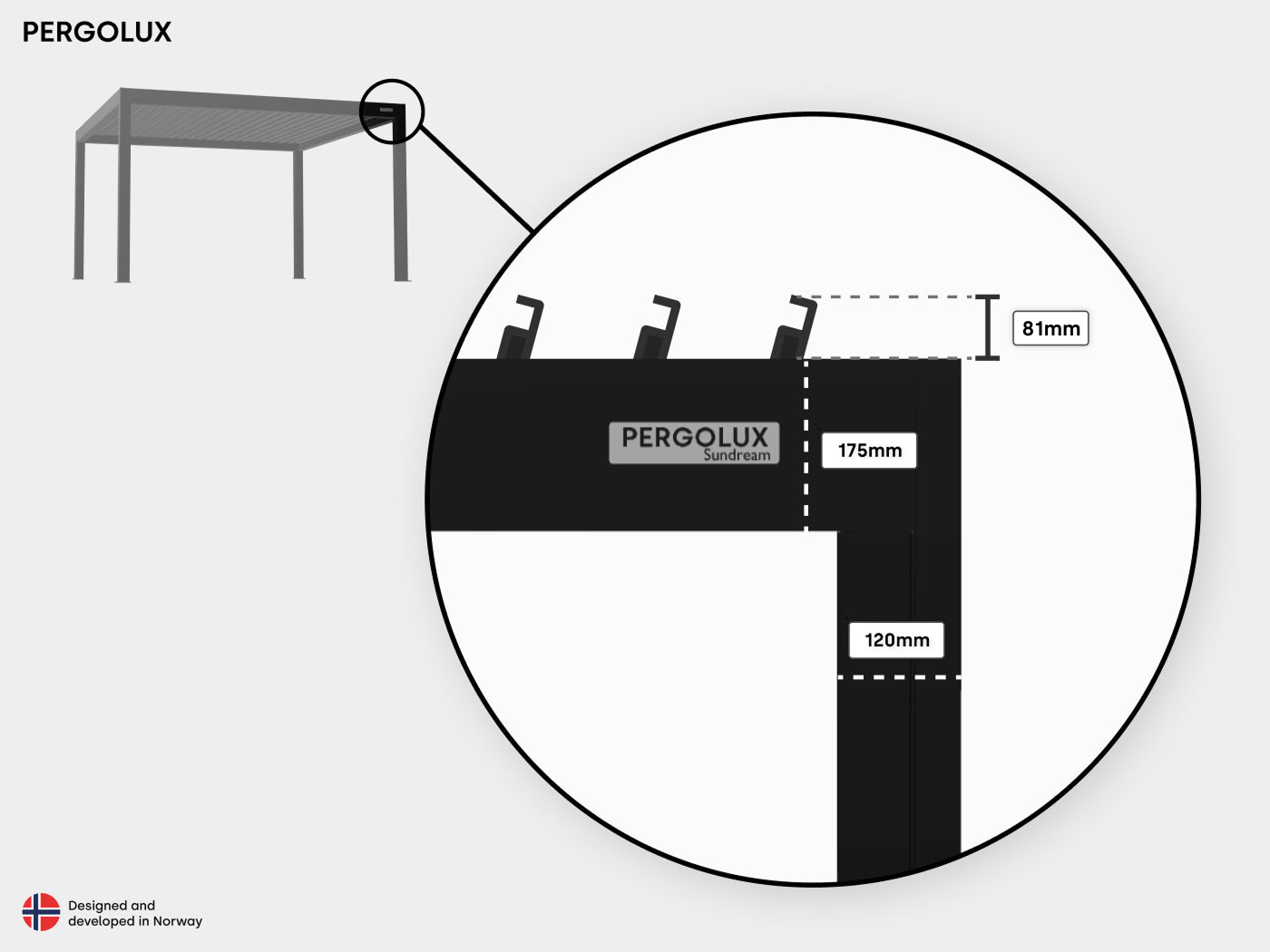 Technical drawing of a pergola structure with dimensions labeled, featuring the PERGOLUX brand.