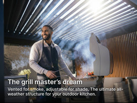 Man in an outdoor kitchen under a pergola with modern appliances and text overlay