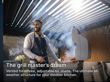 Man in an outdoor kitchen under a pergola with modern appliances and text overlay