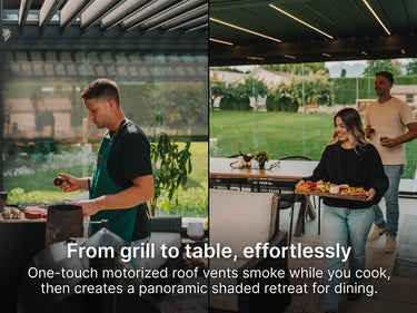 Two scenes showing a person grilling and another serving food outdoors, under a pergola