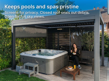 Outdoor hot tub under pergola with privacy screen and roof, surrounded by greenery.