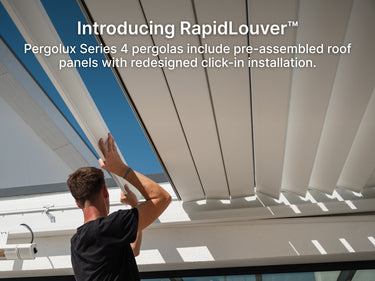 Person adjusting RapidLouver on a pergola with text about the product features.