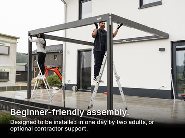 Two people assembling a pergola on a patio with text about beginner-friendly assembly.