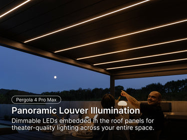 Pergola with Panoramic Louver Illumination at night, showing a couple sitting underneath.