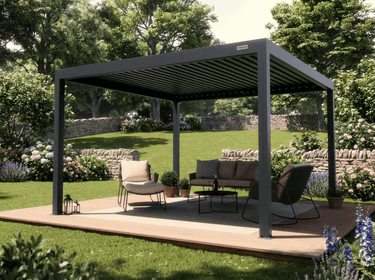 Garden pergola with outdoor furniture on a wooden deck surrounded by greenery
