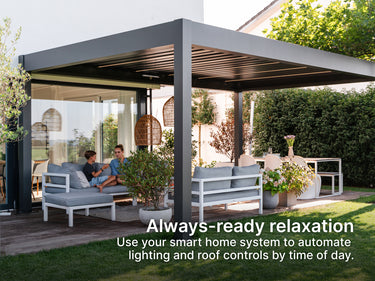Patio with pergola, outdoor furniture, and people sitting, with text about smart home automation.