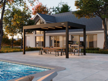 Patio with pergola, outdoor furniture, and pool area in front of a house.