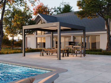 Patio with pergola, pool, and outdoor furniture in a residential setting