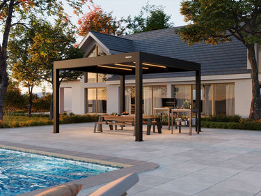 Patio with pergola, outdoor furniture, and pool area in a residential setting