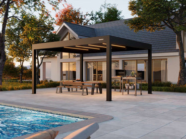 Patio with pergola, outdoor furniture, and pool area in a residential setting