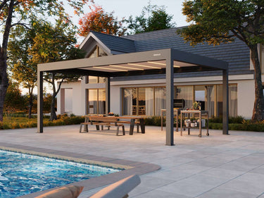 Patio with pergola, outdoor furniture, and pool area in front of a house.
