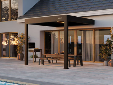Outdoor patio area with pergola, pool, and modern house exterior