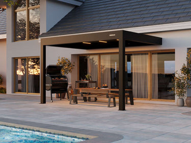Outdoor patio area with pergola, pool, and house exterior