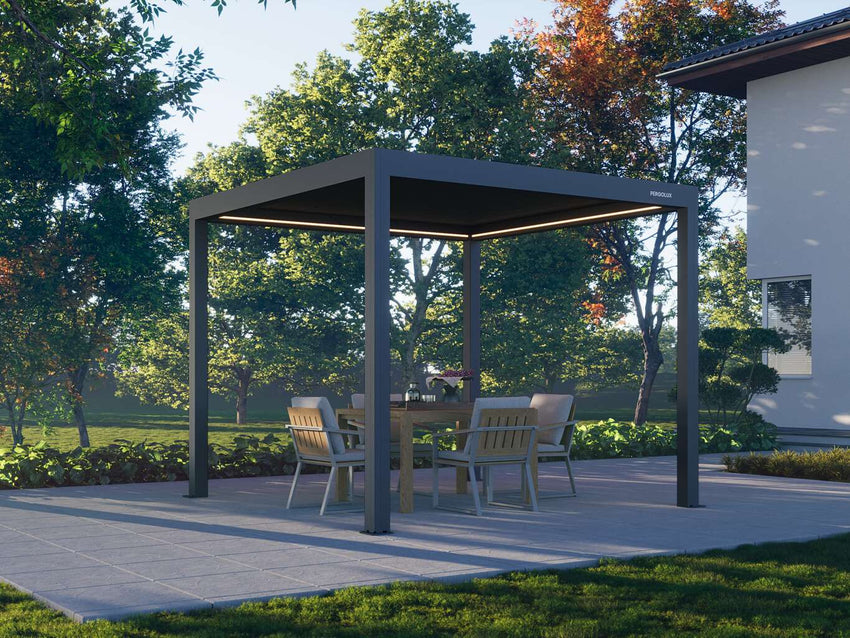 PERGOLUX Series 4 Pro aluminium pergola in a modern garden