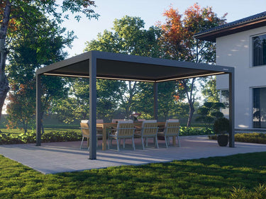 Pergola with outdoor furniture and trees in the background