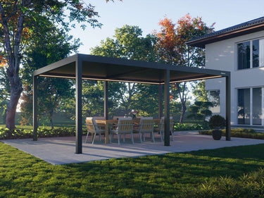 Pergola over a dining table in a backyard setting with trees and a house in the background.