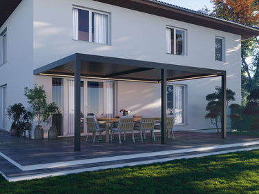 Modern house with an open pergola on a sunny day