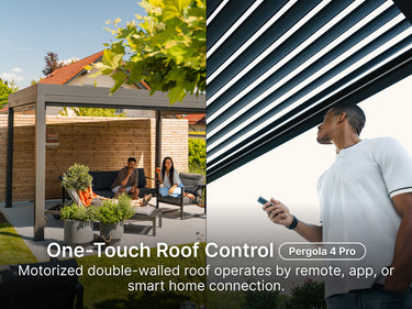 Outdoor pergola with people sitting, close-up of striped awning, and person using remote control.