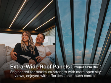 Couple sitting on a couch under an open pergola louvres.