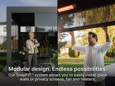 Two people using pergola exterior options.