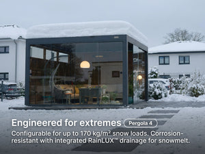 Modern glass pergola in a snowy outdoor setting with text about its snow load capacity and drainage system.