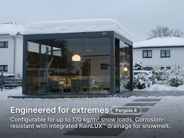 Modern glass pergola in a snowy outdoor setting with text about its snow load capacity and drainage system.