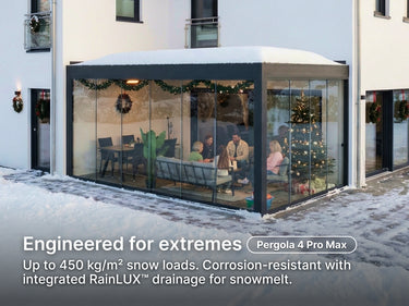 Glass pergola with people inside, snow on ground