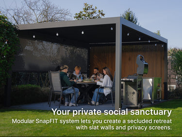 Pergola with a modular SnapFIT system creating a private outdoor retreat with people sitting at a table.